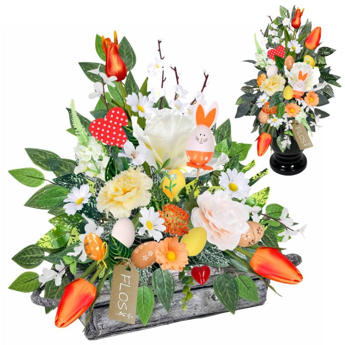 Stroik wielkanocny na cmentarz - pomarańczowe dodatki